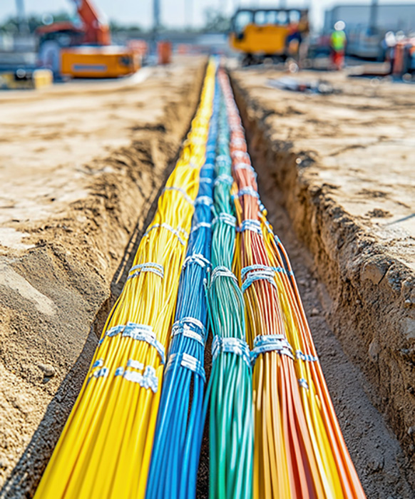 Copilot said: Bunte Kabelstränge liegen in einem schmalen Graben auf einer Baustelle und werden für die unterirdische Infrastruktur verlegt.