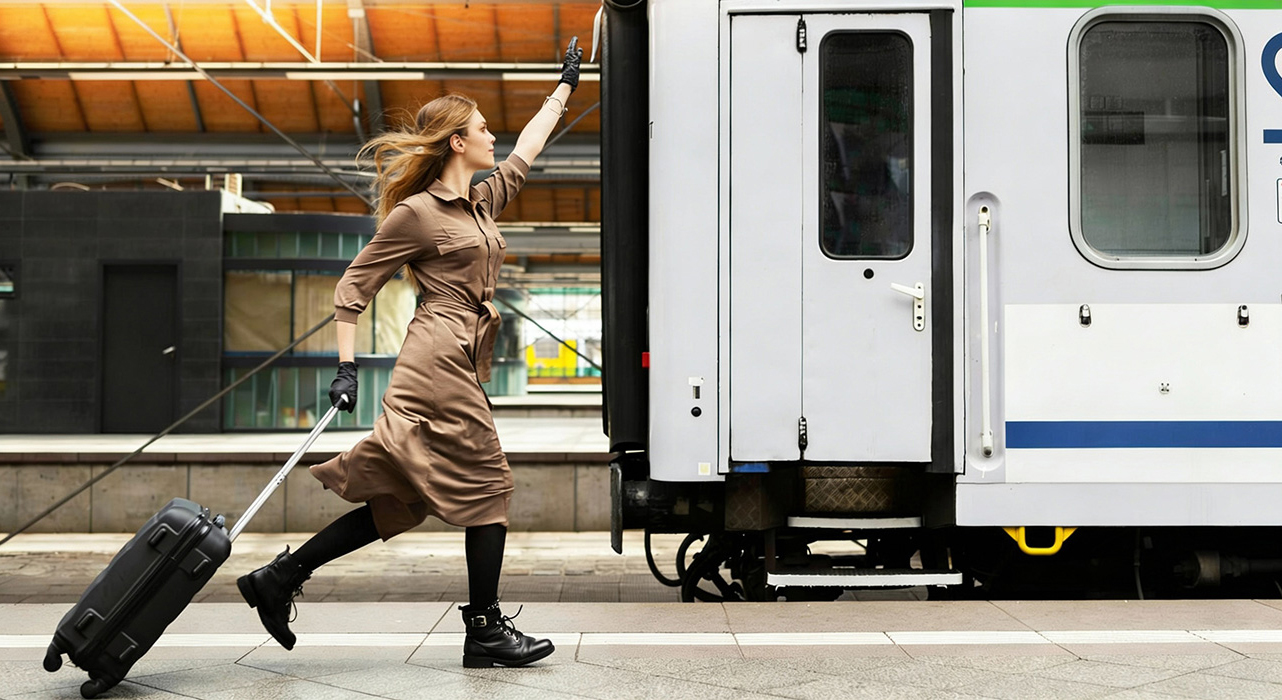 Junge Frau mit Koffer, die einem fahrenden Zug am Bahnsteig hinterherrennt.