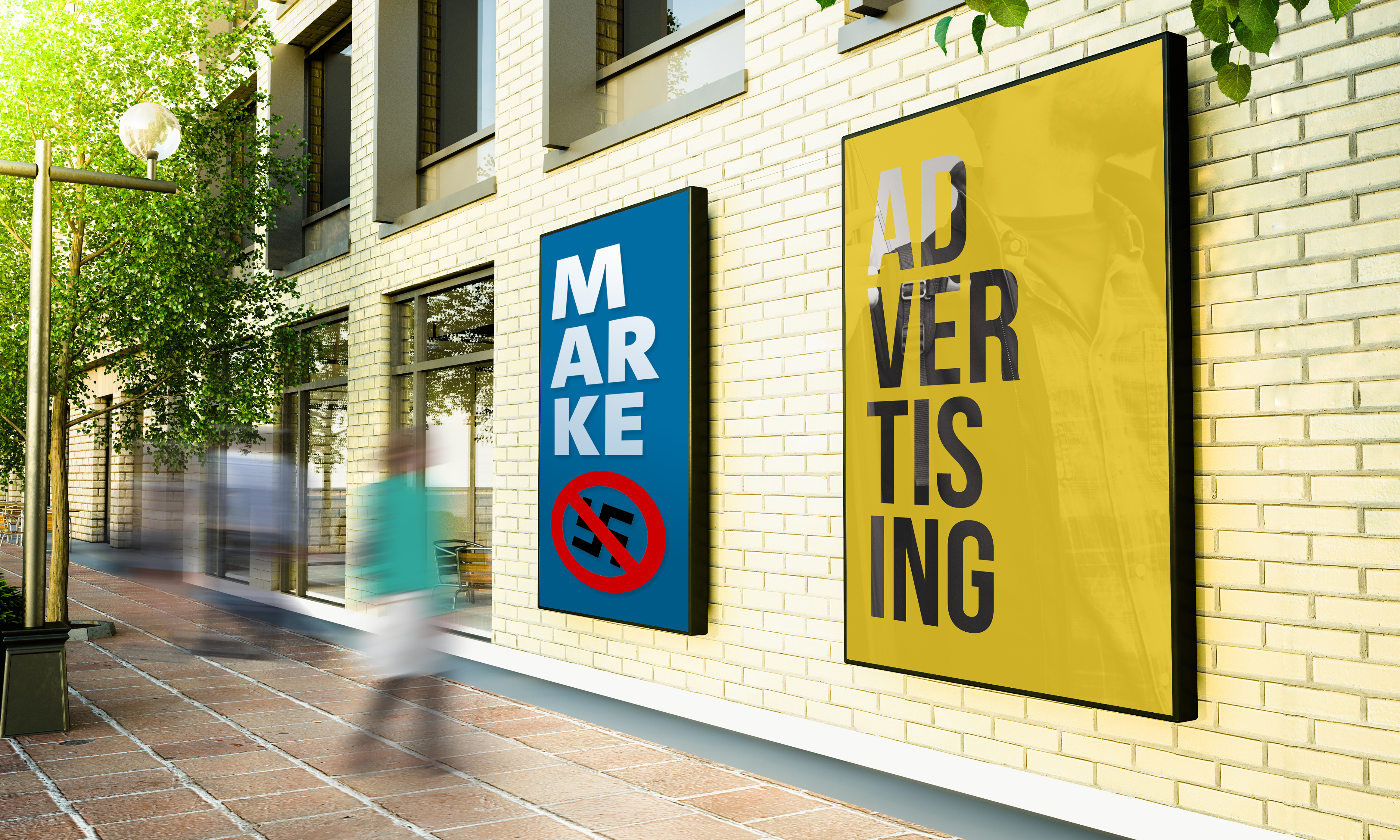 Werbeplakate an Steinwand. Eines beschriftet mit Marke und einem durchgestrichenen Hakenkreuz, eines zeigt den Schriftzug "Advertising".