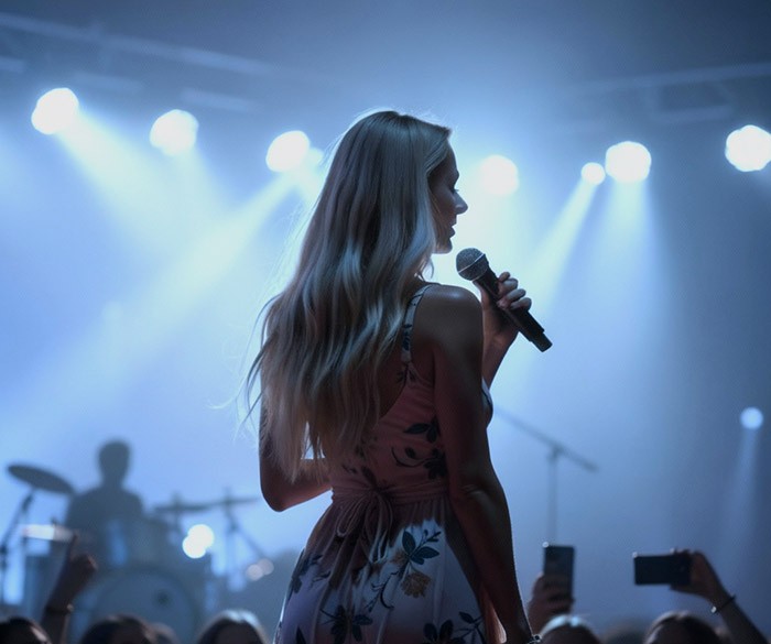 Sängerin Helene Fischer auf der Bühne, in schwarzem Kleid, mit Mikrofon, umgeben von blauem Licht.