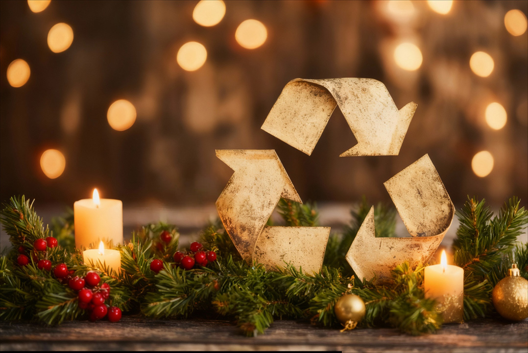 Ein goldenes Recycling-Symbol, das von einem weihnachtlich dekorierten Kranz mit grünen Tannenzweigen, roten Beeren, goldenen Kugeln und brennenden Kerzen umgeben ist.
