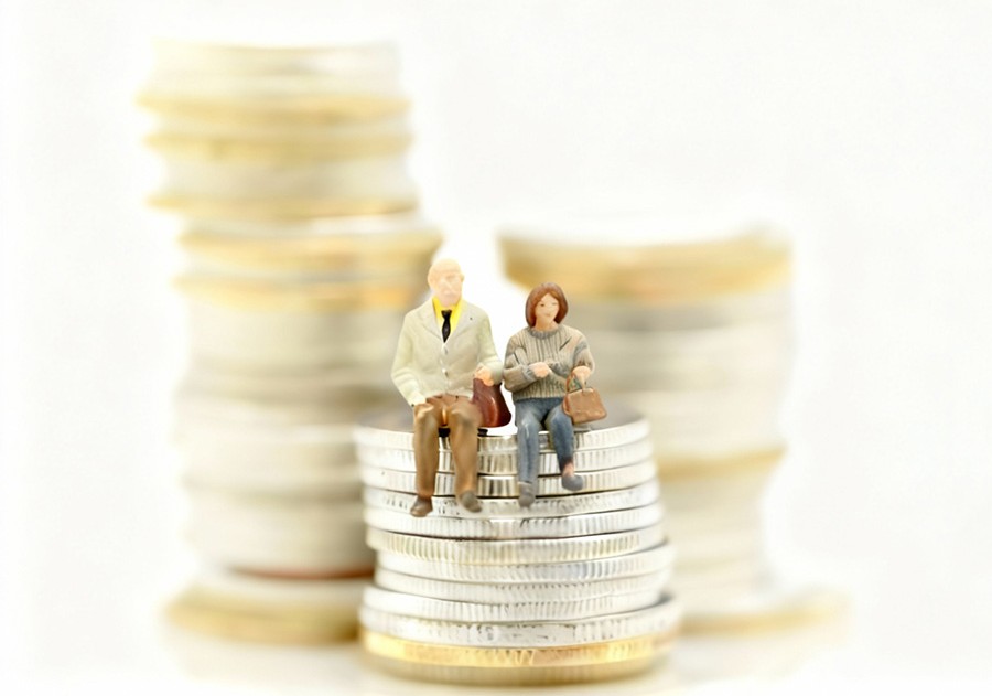 Zwei kleine Figuren, die auf einem Stapel Münzen sitzen, während im Hintergrund mehrere größere Münzstapel unscharf zu sehen sind.