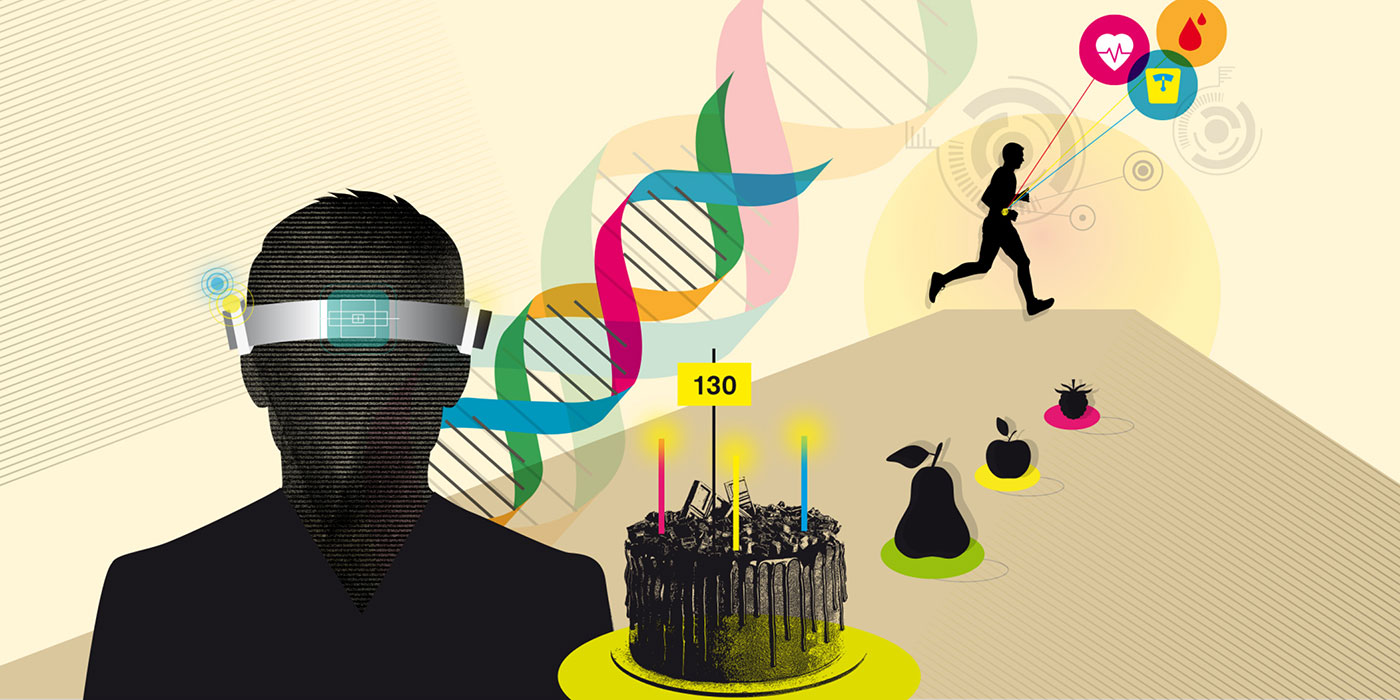 Illustration mit Kopf und Stirnband, DNA-Strängen, einem Kuchen mit der Zahl 130, Früchten und laufender Figur.
