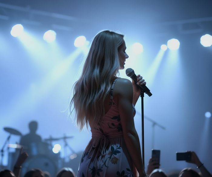 Sängerin Helene Fischer auf der Bühne, in schwarzem Kleid, mit Mikrofon, umgeben von blauem Licht.