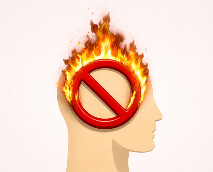 Illustration eines brennenden Kopfes mit Verbotszeichen.