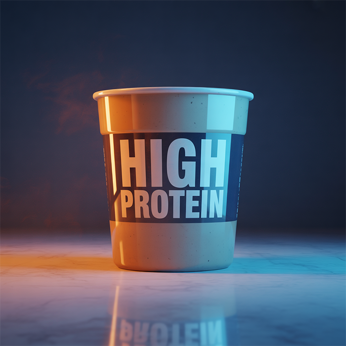 High Protein Jogurth becher auf Marmortisch mit blauem Hintergrund.