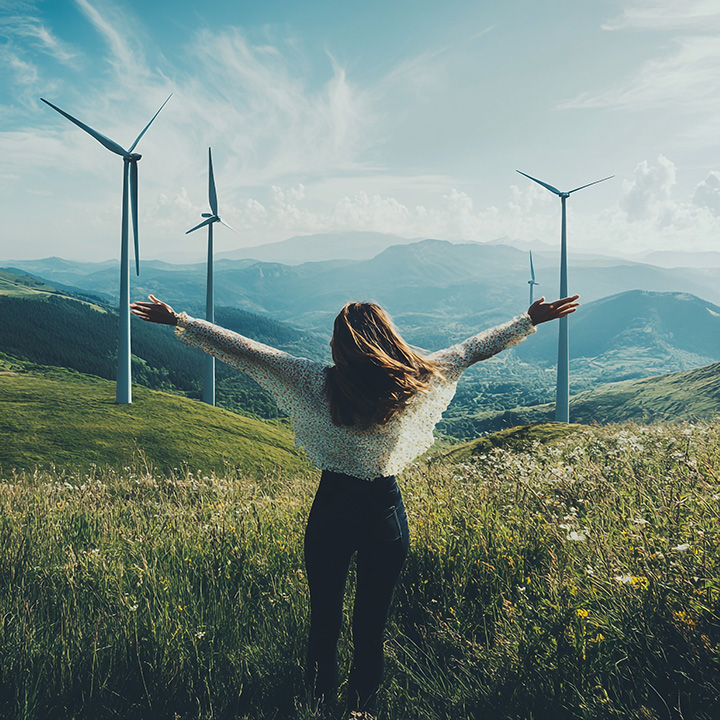 Eine Frau steht mit ausgebreiteten Armen auf einer Wiese vor mehreren Windrädern in einer bergigen Landschaft unter blauem Himmel.