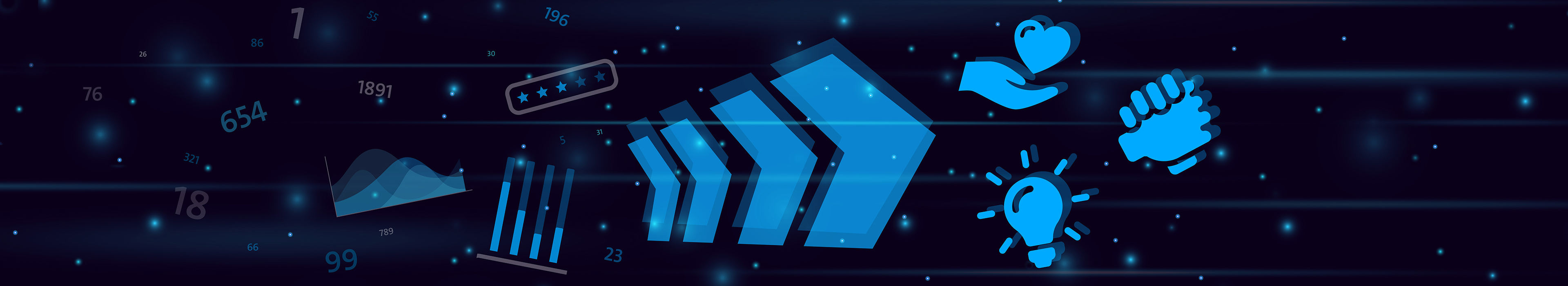 Grafische Darstellung mit blauen Symbolen zu Daten, Fortschritt und Emotionen auf einem dunklen, dynamischen Hintergrund.
