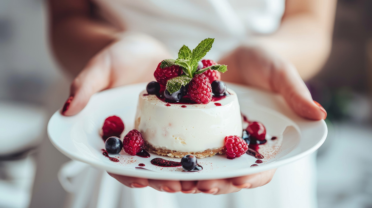 Weibliche Hände halten einen Teller mit einem kleinen Käsekuchen, der mit frischen Himbeeren, Blaubeeren und einem Minzblatt garniert ist.