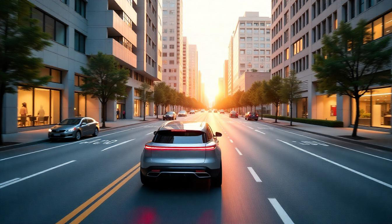 Futuristisches Auto fährt durch eine Stadt im Sonnenuntergang