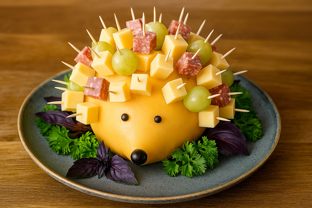 Ein aus Käse geformter Igel, dessen Rücken aus kleinen Spießen mit Käsewürfeln, Weintrauben und Wurststücken besteht, dekoriert mit Kräutern auf einem Teller.