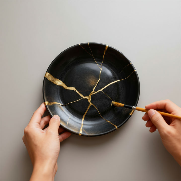Ein schwarzer Teller mit goldenen Rissen wird von einer Hand am Rand gehalten, während die andere behutsam mit einem Pinsel Gold aufträgt.