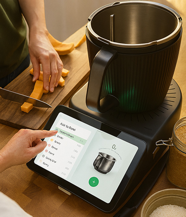 Eine Hand die einen Thermomix bedient.