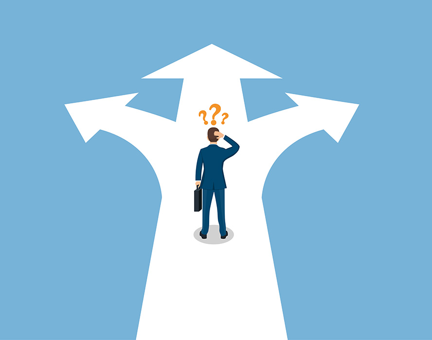 Illustration eines Mannes auf einem Weg, der sich in drei Pfeile teilt; über dem Kopf stehen Fragezeichen.