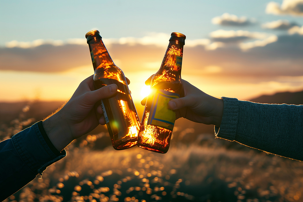 Zwei Hände, die Bierflaschen anstoßen, im Hintergrund die Sonne