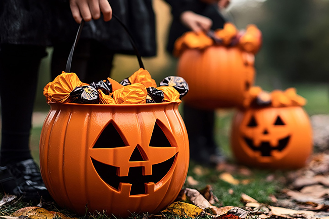 Zwei Kinder, die orangefarbene Plastikkürbisse mit geschnitzten Gesichtern voller Süßigkeiten auf einem mit Herbstblättern bedeckten Weg tragen.