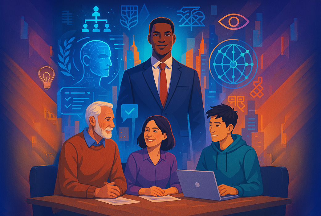 Führungskräfte verschiedener Generationen in einem digitalen, zukunftsorientierten Umfeld.