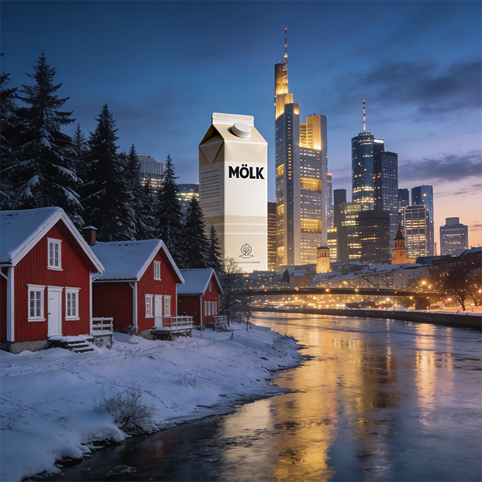Daenische Haeuser im Schnee daneben die Frankfurter Skyline mit einer Milchverpackung in Wolkenkratzergroesse.