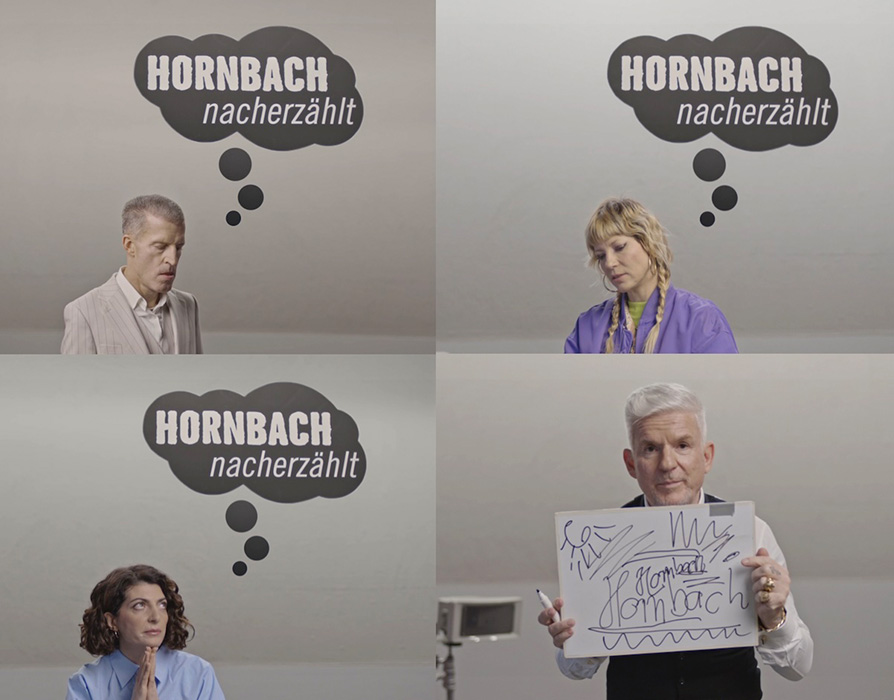  Collage von vier Personen, jeweils mit einer Gedankenblase mit der Aufschrift „HORNBACH nachezählt“