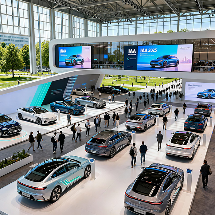Gut besuchte Automobilausstellung in einer modernen Halle mit vielen ausgestellten Fahrzeugen und digitalen Bildschirmen mit der Aufschrift „IAA 2025"