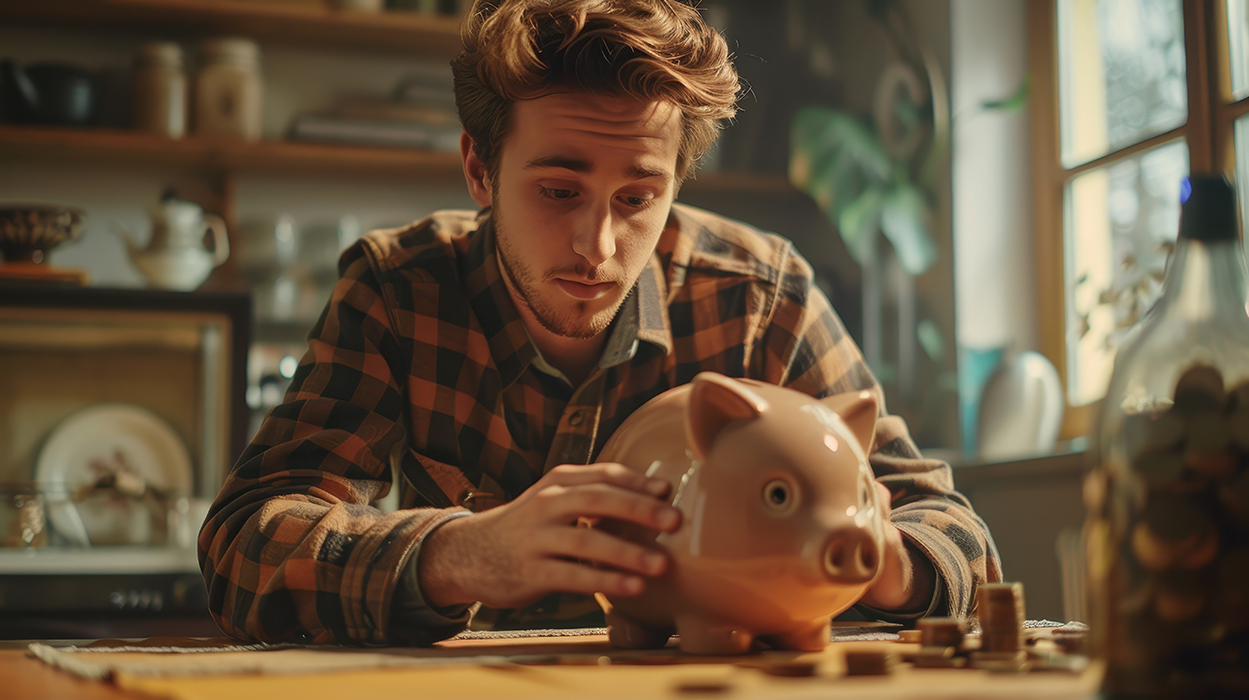 Ein Mann sitzt am Tisch und hat ein Sparschwein in der Hand, auf das er kritisch blickt.