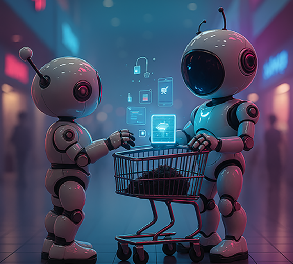 Zwei Roboter stehen in einer futuristischen Einkaufsumgebung und erledigen einen Einkauf mit Einkaufswagen.