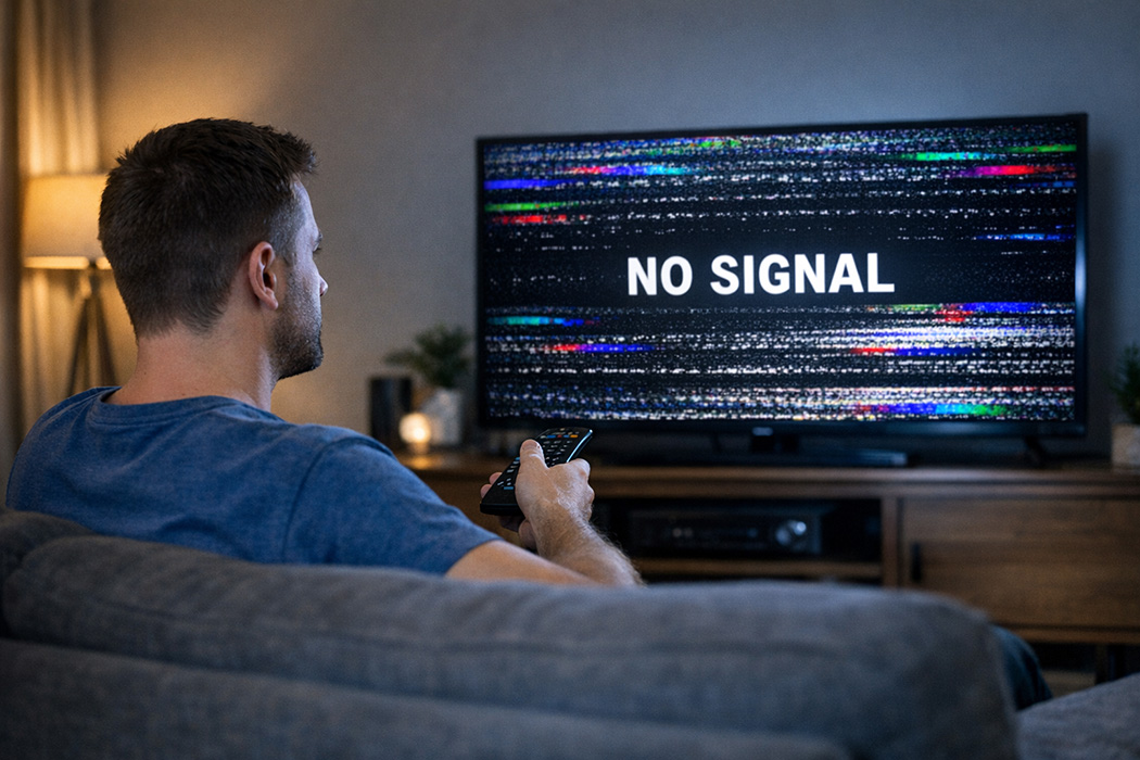 Ein Mann sitzt auf einer Couch und schaut auf einen Fernseher, der „No Signal“ anzeigt.